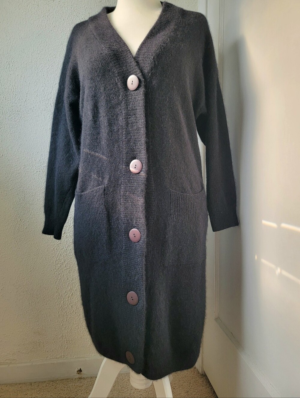 Vtg Richard & Co. Lambswool/Angora Duster Or Long Cardigan Sweater Black Medium